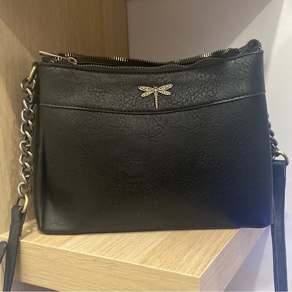 Black Leather Crossbody Bag with Chain Strap